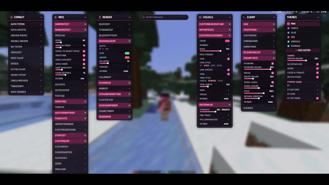 The glass ClickGUI with every category open