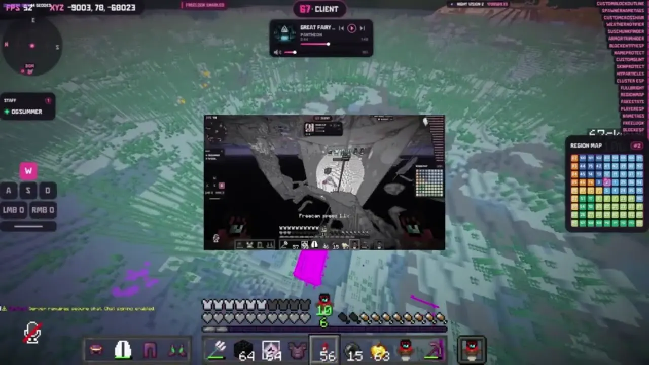 In-game HUD: music widget, keystrokes and region map